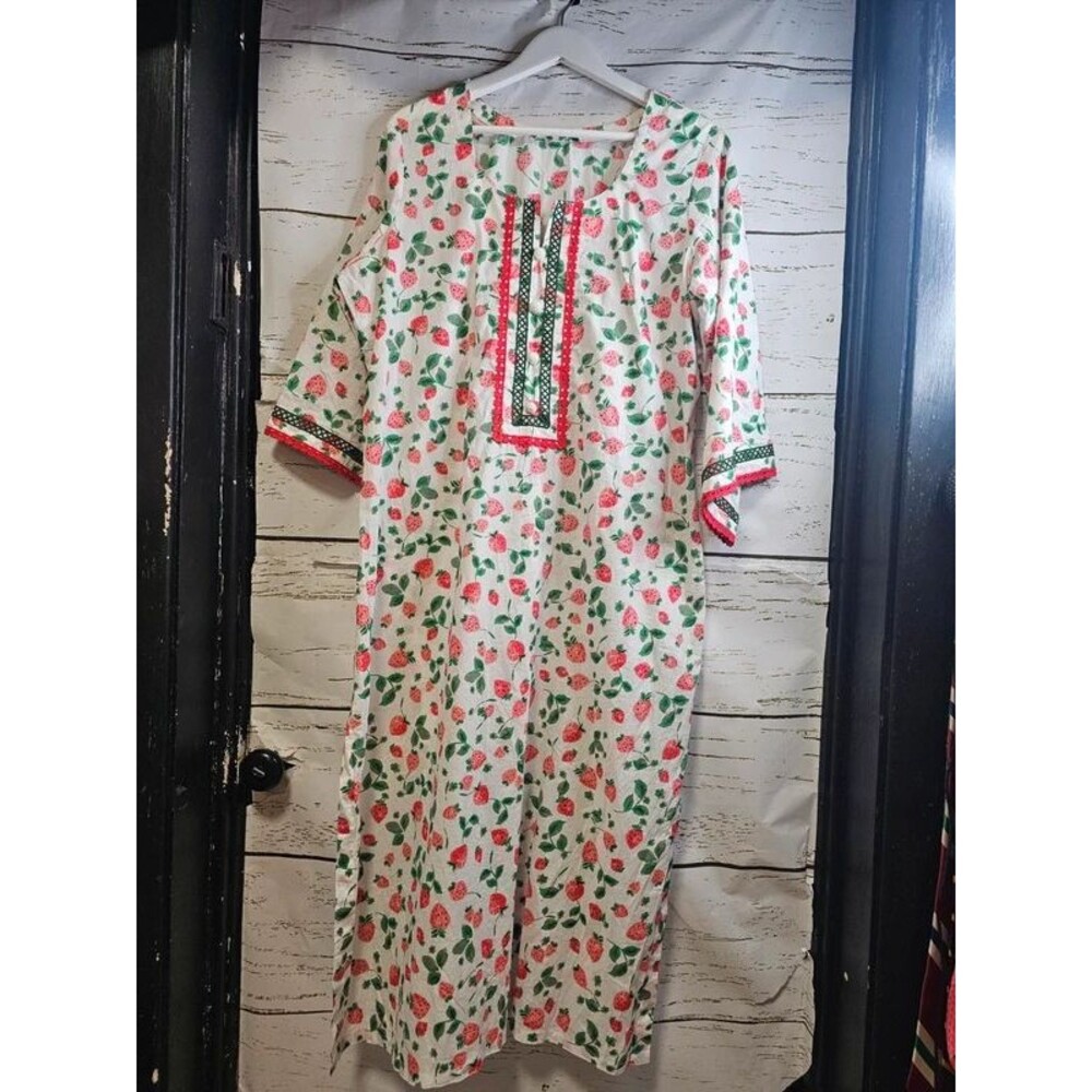 Strawberry Print Cotton Kaftan Dress Cottagecore Fruitcore Boho